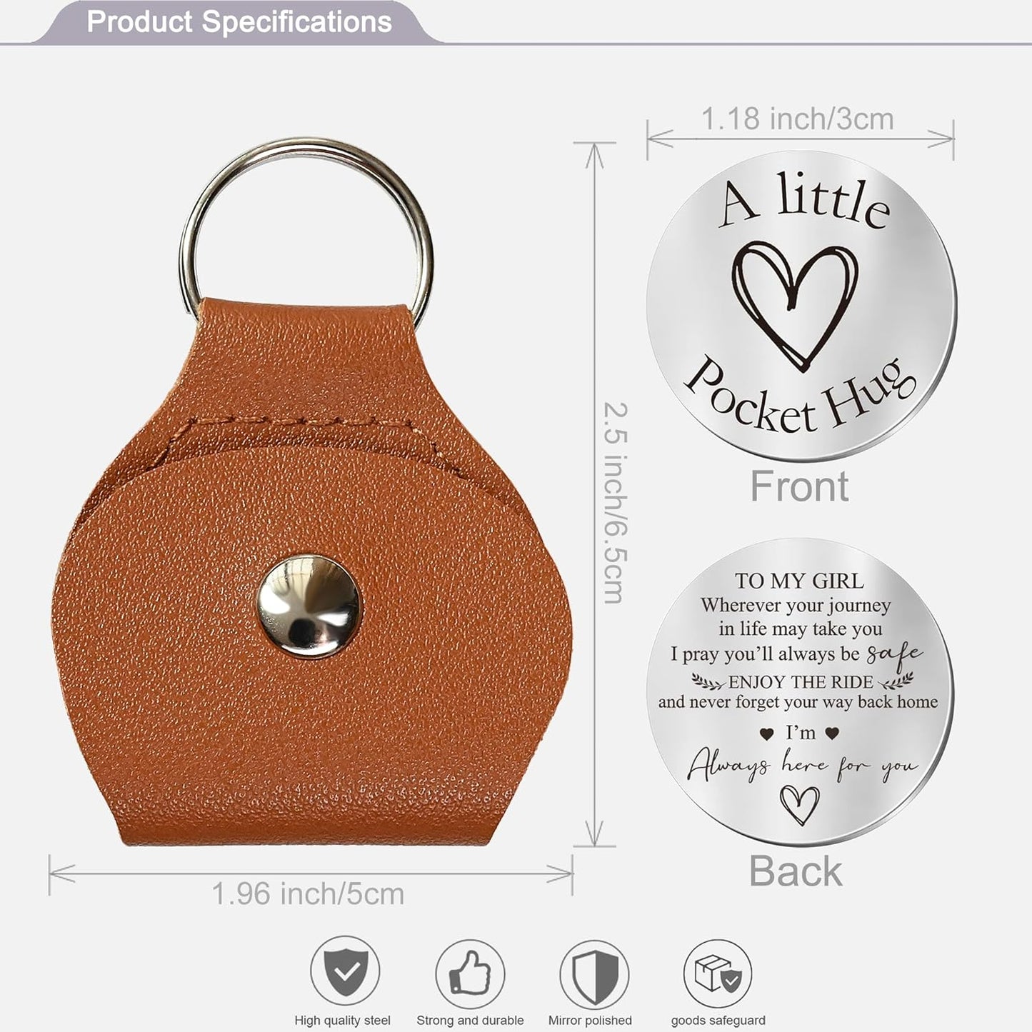 OUMILAN Pocket Hug Token Gifts for Men Boyfriend Girlfriend Inspirational Gift for Son Daughter Brother with Leather Keychain