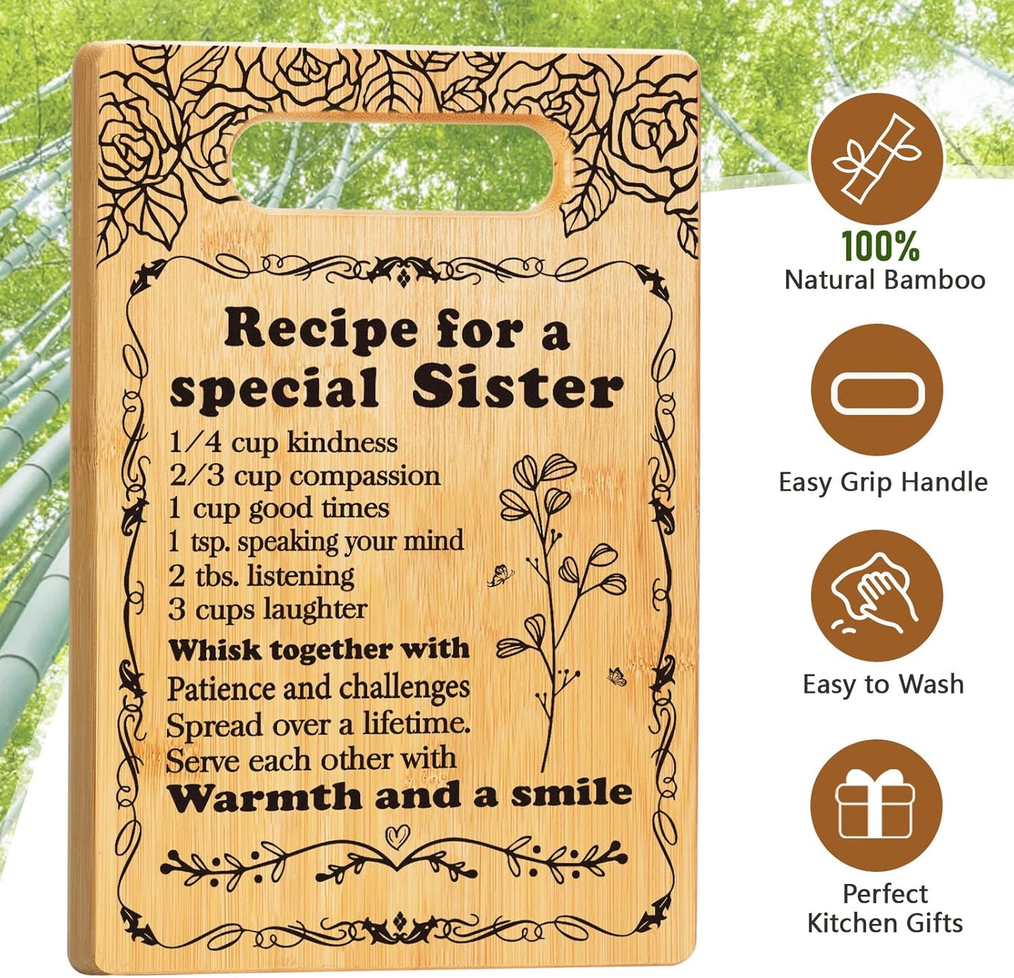 Sister Birthday Gifts Cutting Board Set, "Recipe for a Special Sister" Sister Christmas Gifts from Sister Engraved Utensil Sister Gifts for Women, Friendship Gifts for Bestie Best Friend Soul Sister
