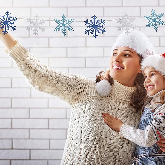 Zonon 3 Pieces Snowflake String Garland Winter Party Decoration White Blue and Light Blue Snowflake Banner Hang Decoration for Christmas Holiday Party, Winter Carnival Snow Themed Gatherings