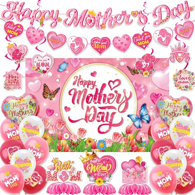 Mother's Day Decorations Includes Banner,Balloons,Backdrop,Hanging Swirls,Honeycomb,Balloon Ribbon for Mother's Day Party Decor Mothers Birthday Party Supplies