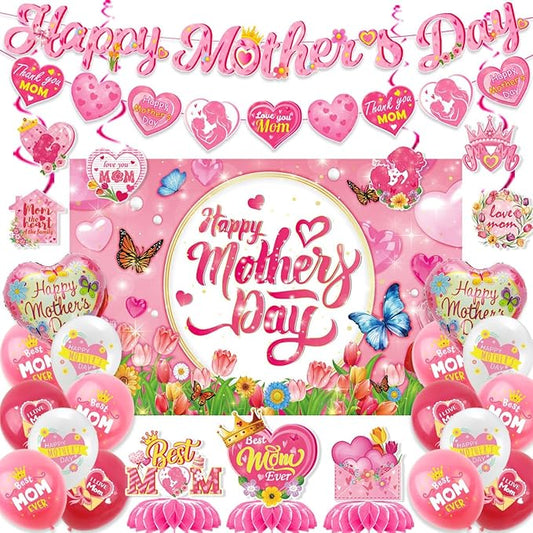 Mother's Day Decorations Includes Banner,Balloons,Backdrop,Hanging Swirls,Honeycomb,Balloon Ribbon for Mother's Day Party Decor Mothers Birthday Party Supplies