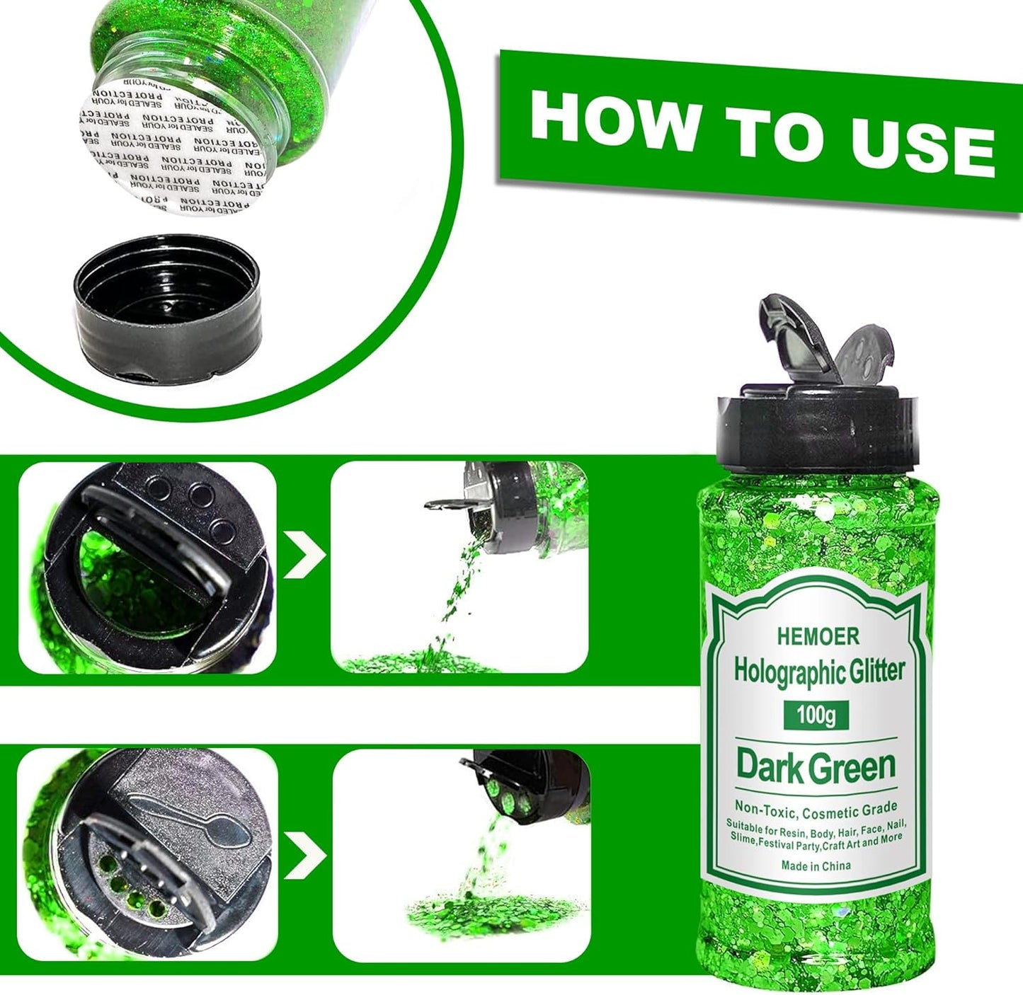 HEMOER Dark Green Glitter, 100g/3.5oz Holographic Chunky Glitter Mixed Hexagon Chunky & Fine Flakes Iridescent Sequins for Epoxy Crafts, Resin, Nail Body, Tumblers, Festival Party