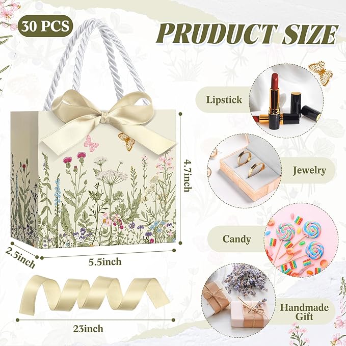 Moinchore 30 Pcs Vintage Wildflower Paper Gift Bags Bulk 5.5 x 4.7 x 2.5 in Mini Flower Plant Favor Bags with Handles Bow Ribbon Wrap for Spring Summer Birthday Home Wedding Party Supplies