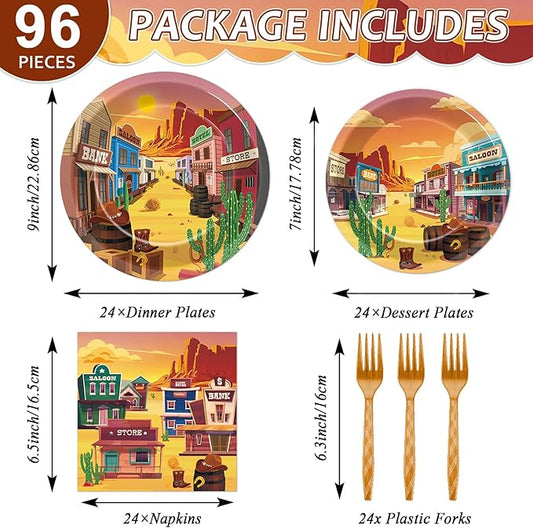 96 PCS Western Party Paper Plates and Napkins Rodeo Party Supplies Western Cowboy Disposable Tableware Set Wild West Desert Town Plate for Baby Shower Birthday Gatherings Decorations