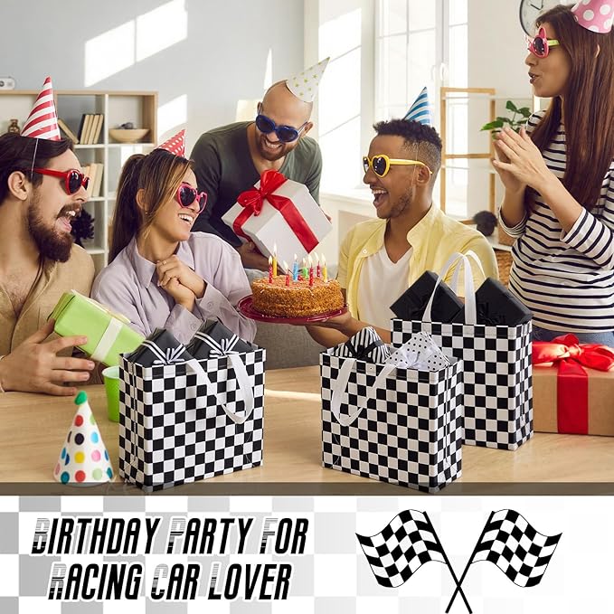 Abbylike 30 Pack Checkered Racing Race Car Gift Bag Bulk Large Goodie Bag Black White Non Woven Tote for Car Birthday Party