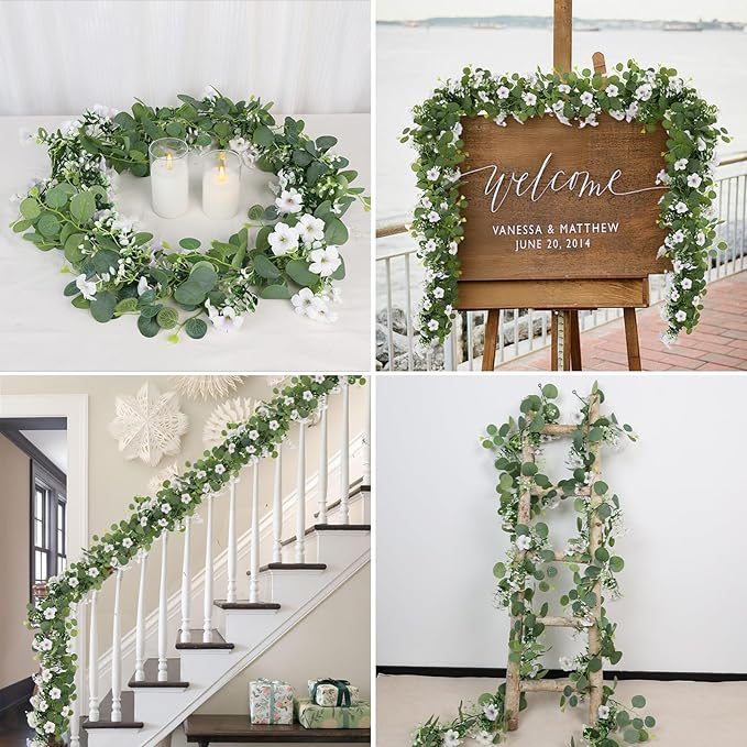 Artificial Eucalyptus Garland with Morning Glory Flowers, 2 Pack Faux Eucalyptus Leaves Greenery Garland Hanging Vines for Wedding Party Backdrop Mantle Table Arch Wall Decor, 6 FT Indoor Outdoor