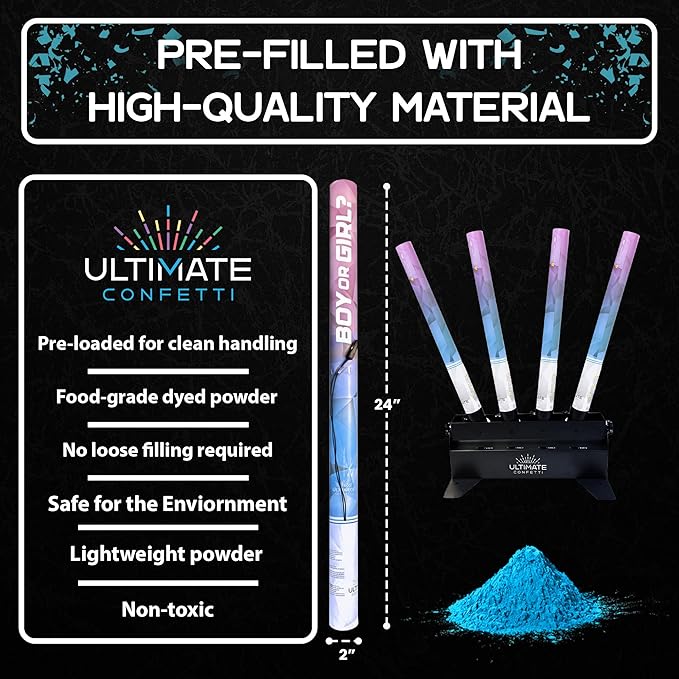 Ultimate Confetti - Electric Blue Powder Cannon Cartridge 24” - Pre-Filled with Food-Grade Powder, Leak-Resistant Gender Reveal Poppers Cannon, Requires EC-1 or EC-4 Confetti Machine to Activate