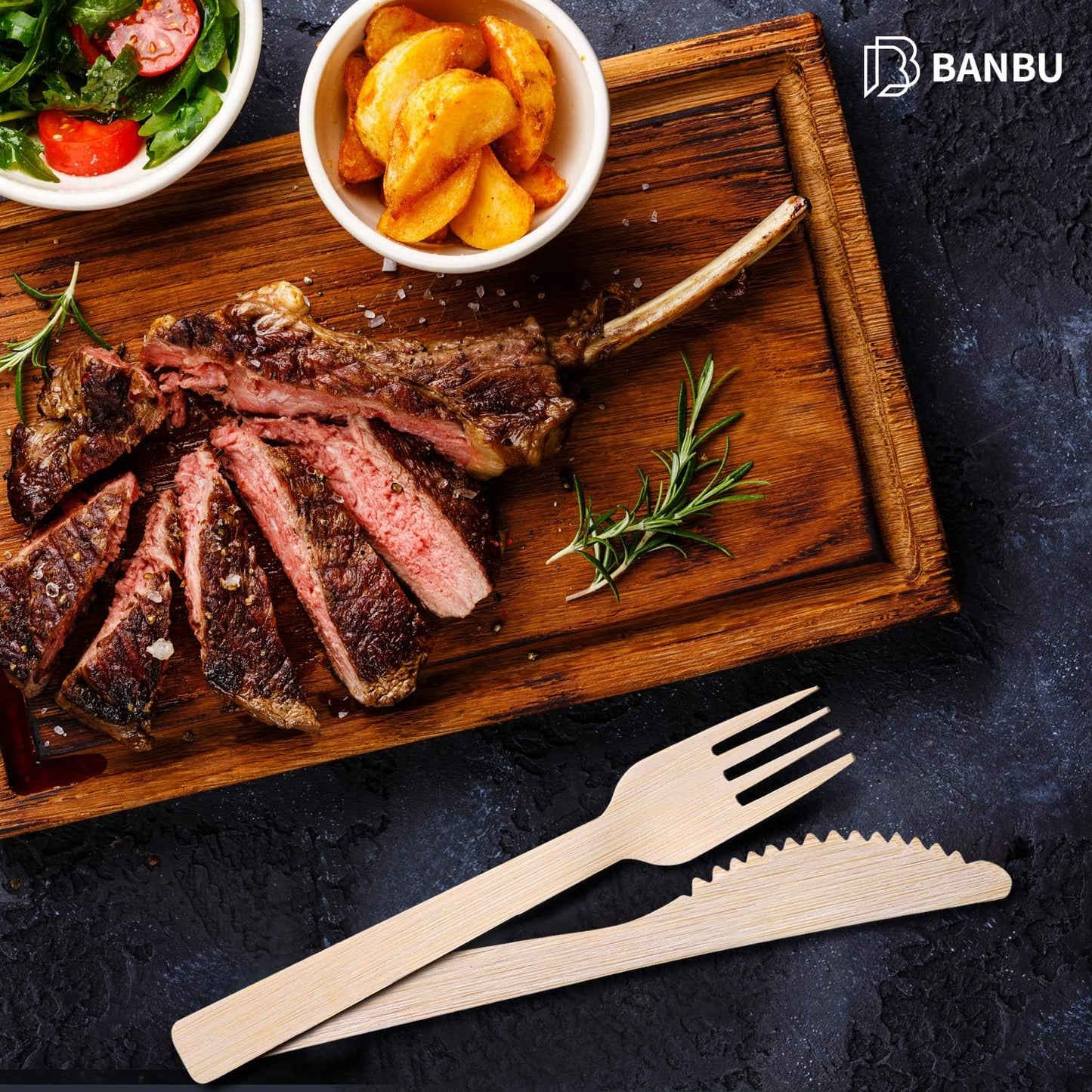 Bamboo Disposable Utensils Set-180PK: (6.7” 60 Forks 60 Spoons 60 Knives) Eco Friendly Natural Compostable Biodegradable Bamboo Cutlery Disposable Forks Knives and Spoons Set