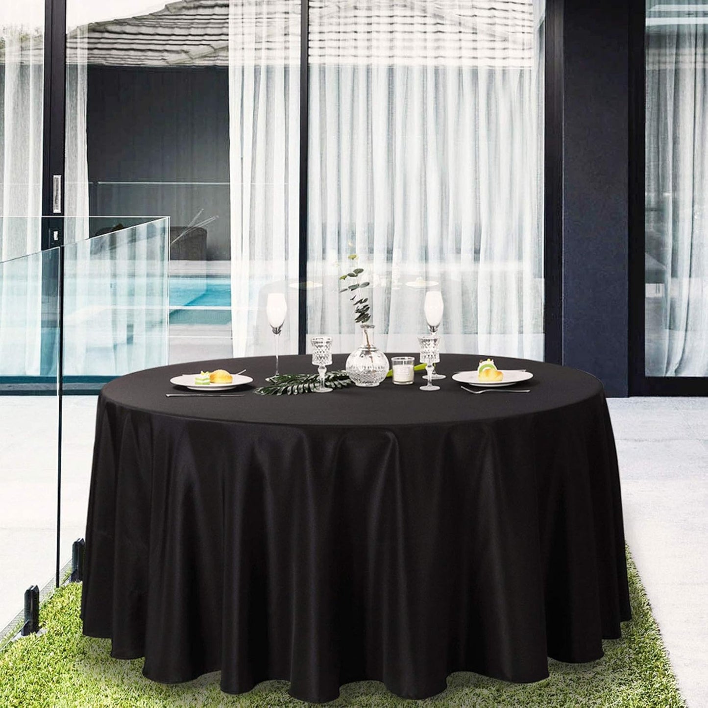 Ascoza 2 Pack 132 Inch Black Round Tablecloth in Polyester Fabric for Wedding/Banquet/Restaurant/Parties