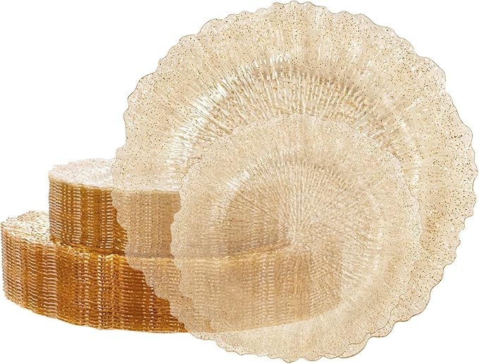 U-QE 60PCS Gold Plates for Party - Gold Plastic Plate Disposable&Reusable - Gold Glitter Heavy Duty Plastic Plates for Party&Wedding Including 30 Dinner 10" & 30 Dessert Plate 7"