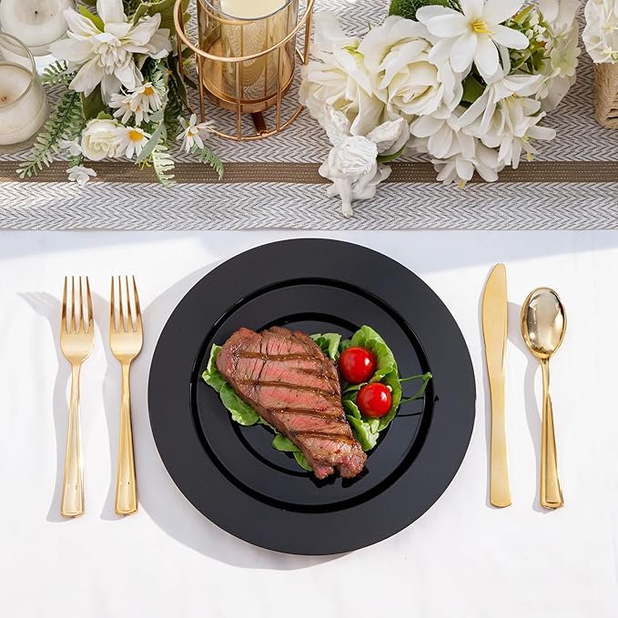 100PCS Black Plastic Plates, 10 Inch Disposable Dinner Plate Party, Heavy Duty Disposable Plastic Plates for Party, Wedding and Birthday