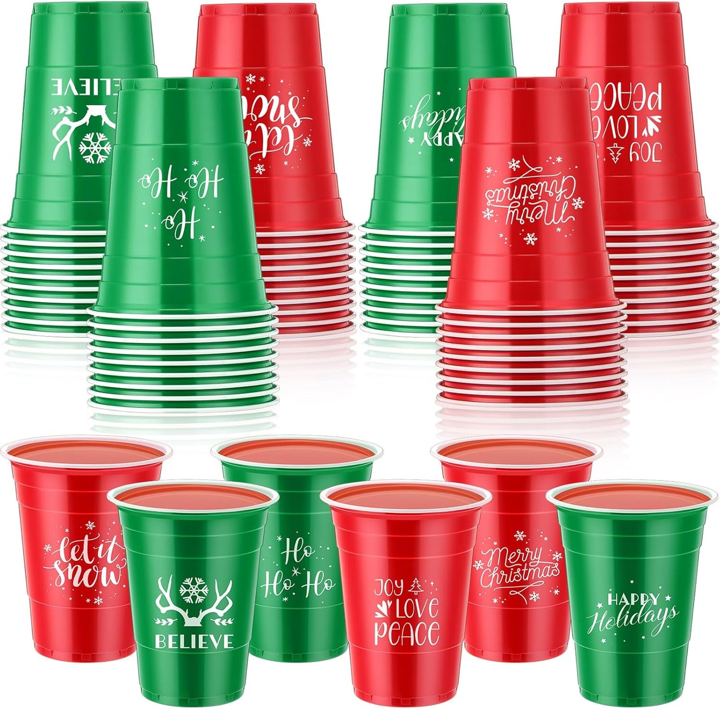 Sliner 60 Pcs 16 oz Christmas Plastic Disposable Cups Bulk Snowflake Elk Star Christmas Tree Drinking Cups for Xmas Birthday Party Supplies