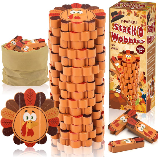Thanksgiving Wooden Blocks Stacking Games, Turkey Theme Tumbling Tower and Balance Game for Adults, Kids, and Family Party, Stacking Board Toy with Storage Bag, Fall Party Activities Gifts