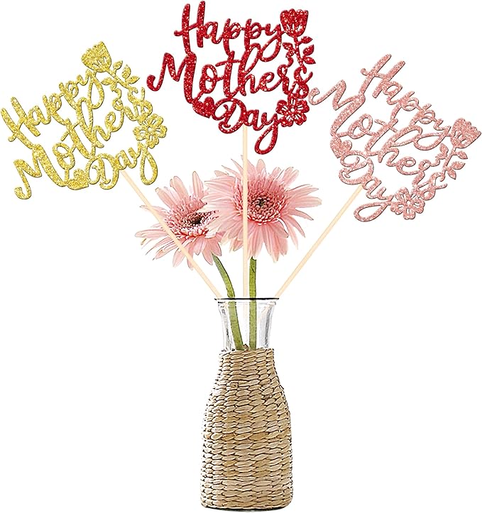 12 PCS Happy Mother's Day Centerpiece Sticks Double Sided Glitter Rose Love Best Mom Centerpieces for Happy Mother's Day Theme Table Flower Decorations Women Birthday Party Supplies Colorful