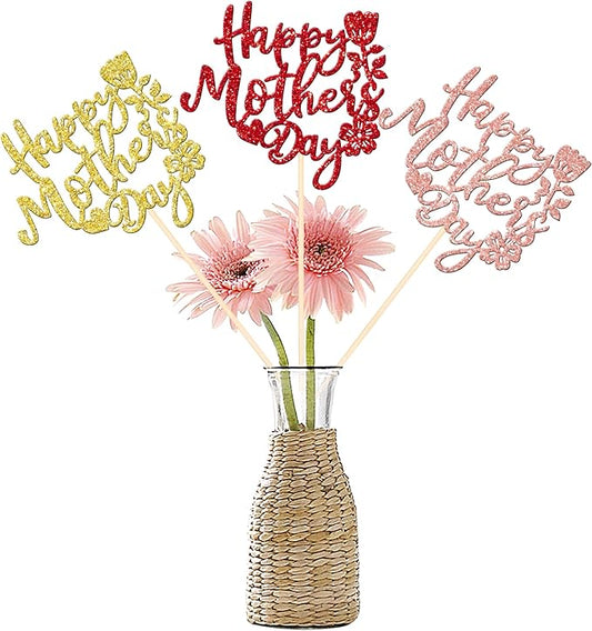 12 PCS Happy Mother's Day Centerpiece Sticks Double Sided Glitter Rose Love Best Mom Centerpieces for Happy Mother's Day Theme Table Flower Decorations Women Birthday Party Supplies Colorful