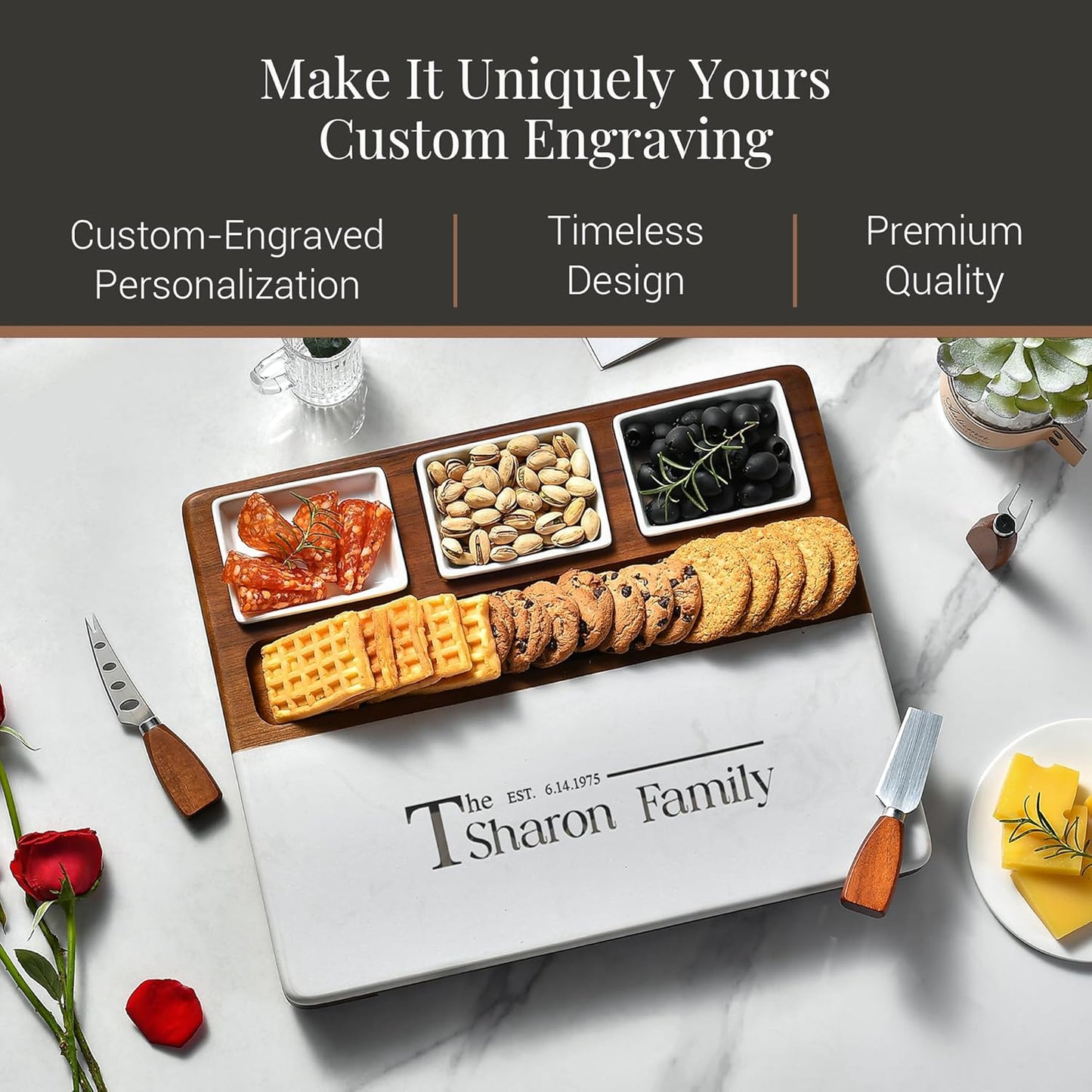 Shanik Wood - Marble Cheese Board Set with 3 Ceramic Bowls - Stainless Steel Cutlery Set, Charcuterie Board & Gift for Any Occasion (with Engraving)