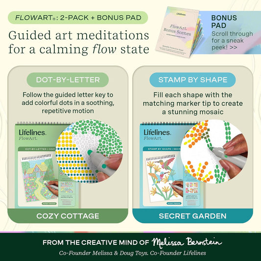 Lifelines FlowArt Activity Pad, 2-Pack & Bonus Pad - Guided Dot Art Meditations with Markers - Dot-by-Letter & Stamp-by-Shape Coloring Books for Tweens, Adults & Seniors