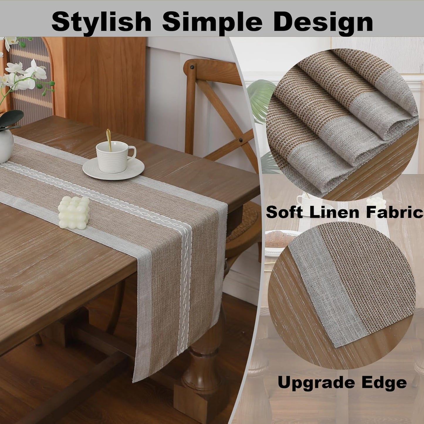 Gernaice Boho Table Runner, Rustic Cotton Linen Farmhouse Table Runners for Holiday Wedding Dining Living Room Bedroom Home Decor, 72" L X 13" W Brown