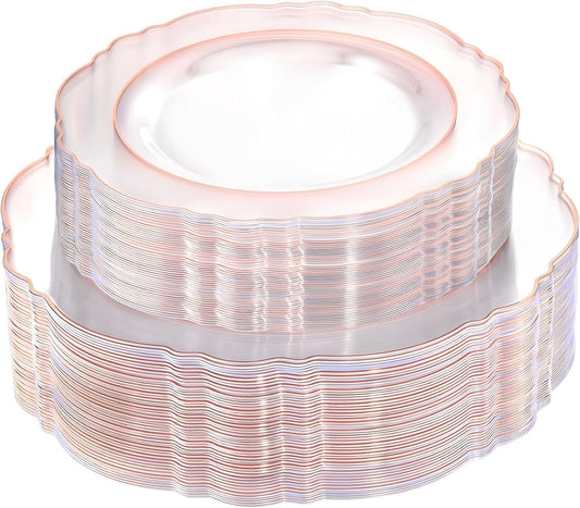 WDF 100pcs Rose Gold Plates Plastic Disposable - Baroque Clear and Rose Gold Plates for Parties or Weddings including 50PCS Dinner Plates 10.25’’ and 50PCS Salad Plates 7.5’’