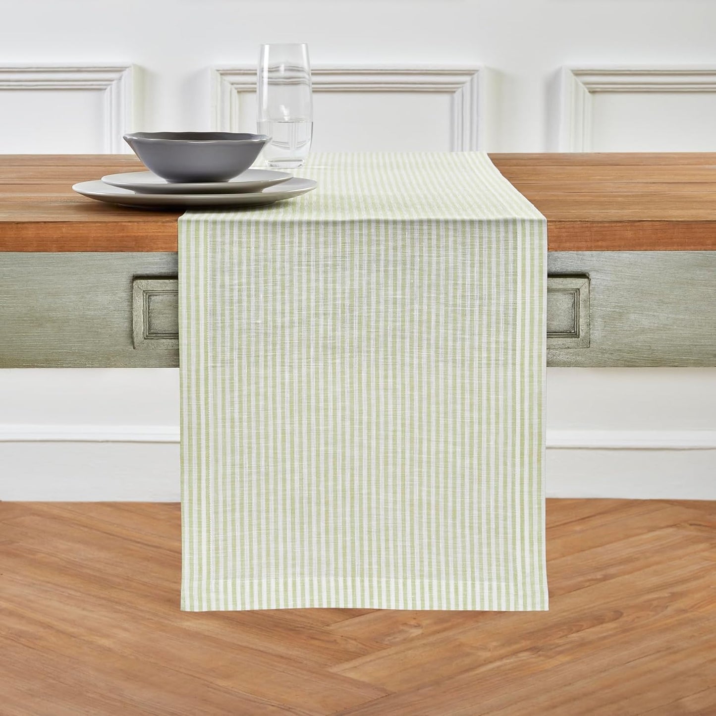 Solino Home Linen Table Runner 90 Inches Long - Narrow Stripe, 100% Pure Linen Sage and White Farmhouse Table Runner 14 x 90 Inch for Dining, Fall, Autumn, Thanksgiving, Christmas