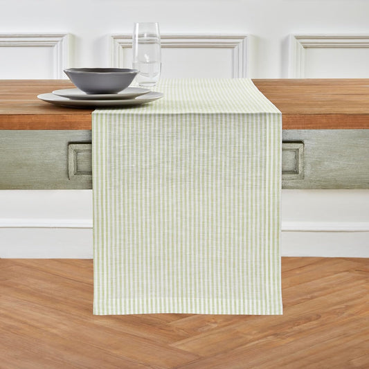 Solino Home Linen Table Runner 90 Inches Long - Narrow Stripe, 100% Pure Linen Sage and White Farmhouse Table Runner 14 x 90 Inch for Dining, Fall, Autumn, Thanksgiving, Christmas