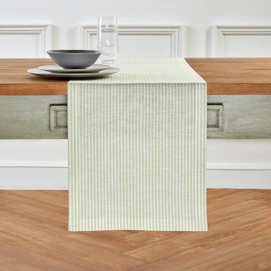 Solino Home Linen Striped Table Runner 132 Inches Long - Narrow Stripe 100% Pure Linen Sage and White Dining Table Runner 14 x 132 Inch for Thanksgiving