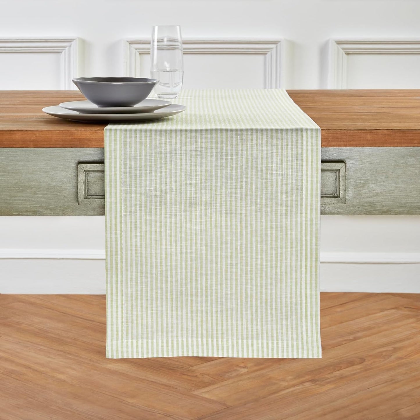 Solino Home Linen Striped Table Runner 144 Inches Long - Narrow Stripe 100% Pure Linen Sage and White Dining Table Runner 14 x 144 Inch for Thanksgiving