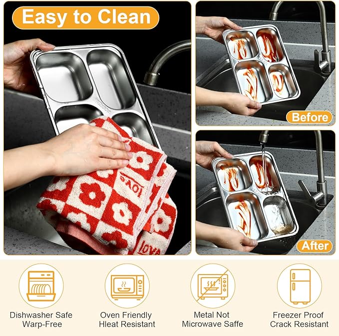 Honeydak 6 Pack Stainless Steel Snack Containers with Lids Compartments Stainless Steel Lunch Box Reusable Meal Prep Lunch Containers for Home Travel Work Camp Party(Middle 4 Compartment)