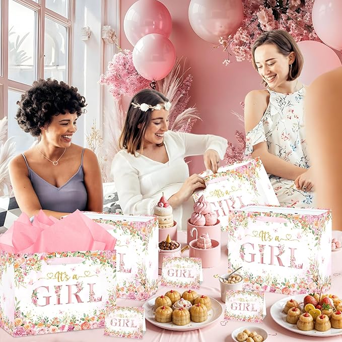 Wayyogh Baby Shower Paper Bag, Rose Gold Floral 'It's a Girl' Gift Bag with Wrapping Tissue Paper, Greeting Card and Handle for Girls' Baby Shower, Birthday Party Favors Decorations Supplies