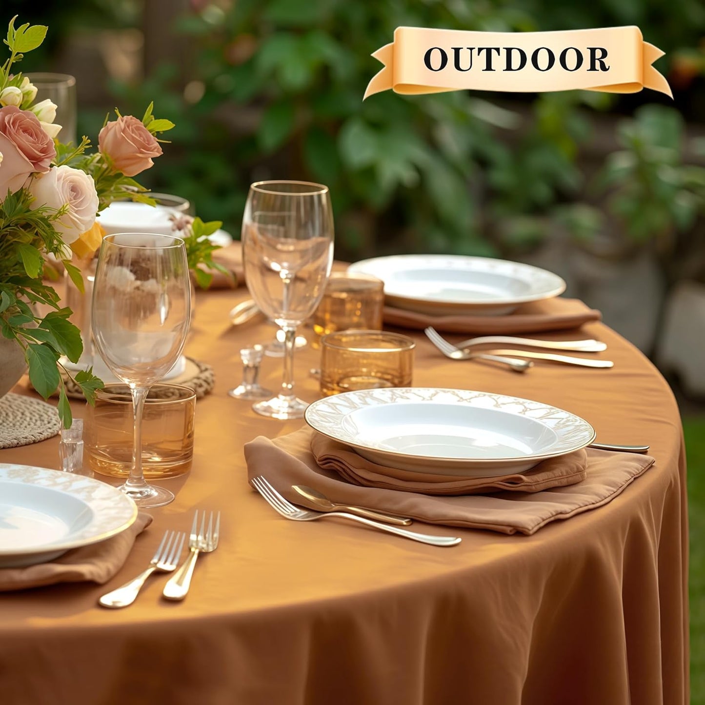 sancua Round Tablecloth 60 Inch(Fits 20-48 Inch Tables) Light Brown- Water Resistant Spill Proof Washable Polyester Fall Table Cloth Decorative Fabric Cover for Dining Thanksgiving Parties, Bronze