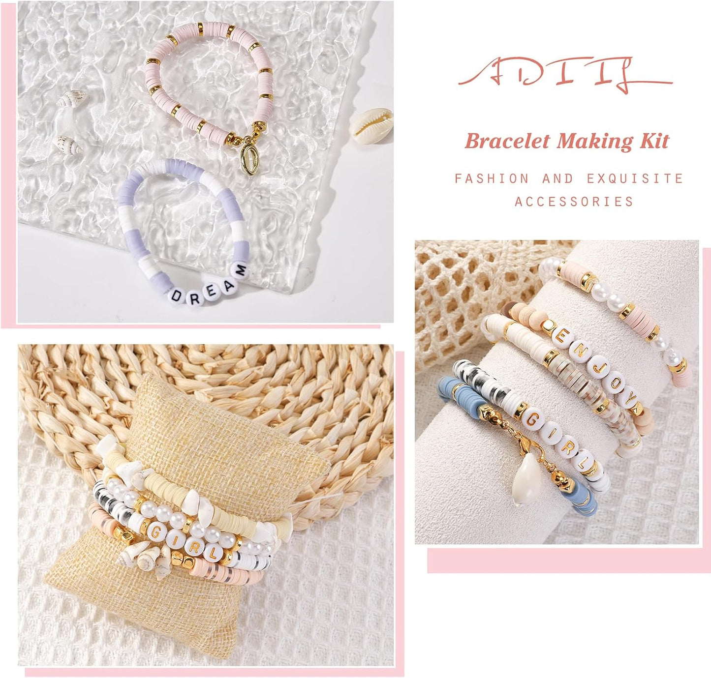 ADIIL 7200pcs Clay Beads Bracelet Making Kit, 6mm Polymer Heishi Beads for Jewelry Making, Friendship Bracelet Kit Birthday Gift for Adults Pink