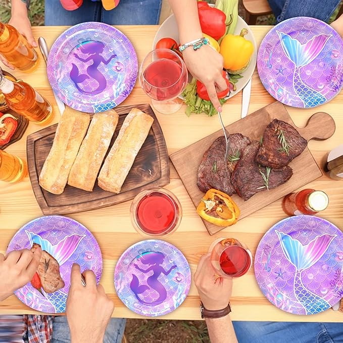 182pcs Mermaid Themed Plates and Napkins Set,Mermaid Birthday Party Decorations for Girls Birthday Party Supplies,Serve 30 Guests