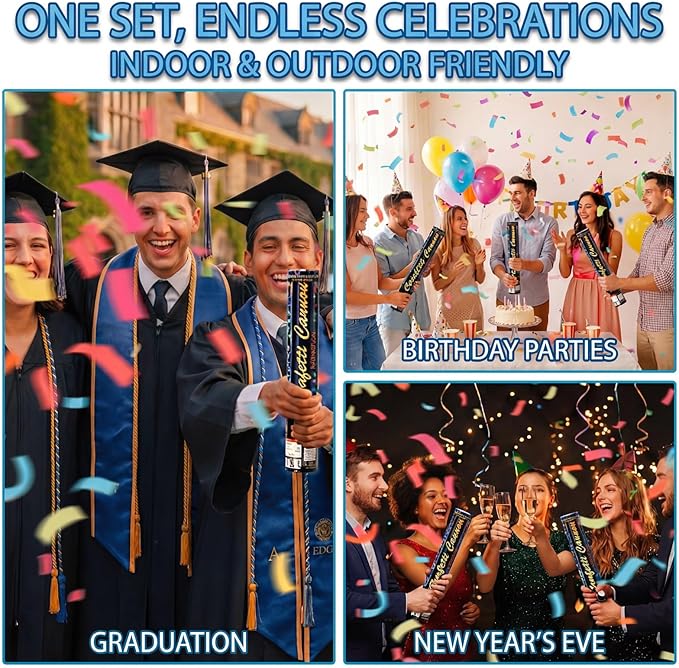 Biodegradable Confetti Cannons 12 Pack, 12" Multicolor Party Poppers for Birthday, Graduation, Wedding, Christmas, New Year & Celebration Events