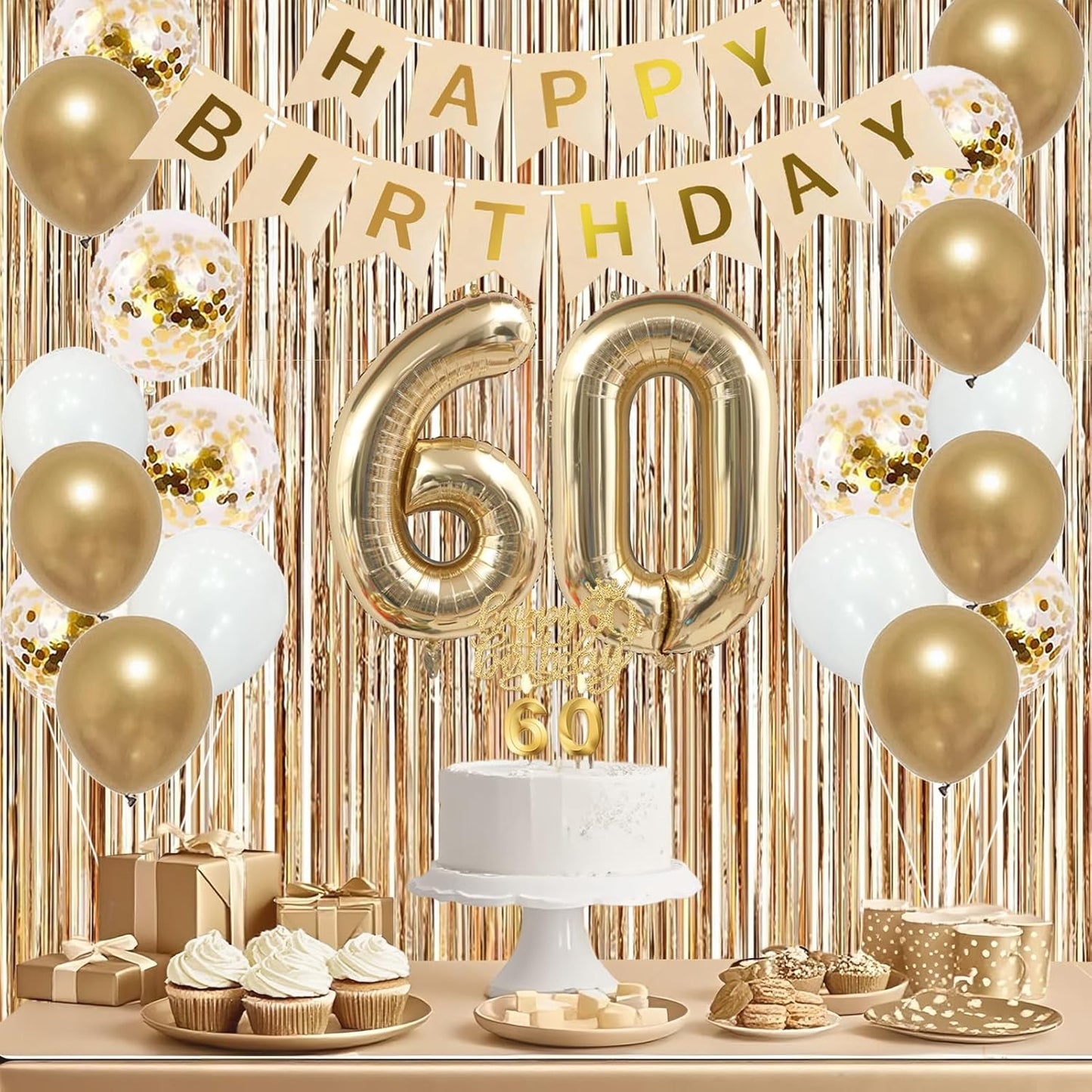 Trgowaul 60th Birthday Decorations for Women, Banner, Sash and Crown, Cake Topper, 60 Number Balloon, Fringe Curtains, Champagne Gold 60th Birthday Party Supplies