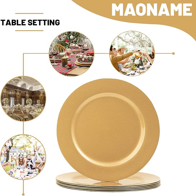 MAONAME Gold Charger Plates Set of 6, 13-Inch Round Plate Chargers for Dinner Plate, Plastic Table Chargers for Wedding Decor, Party