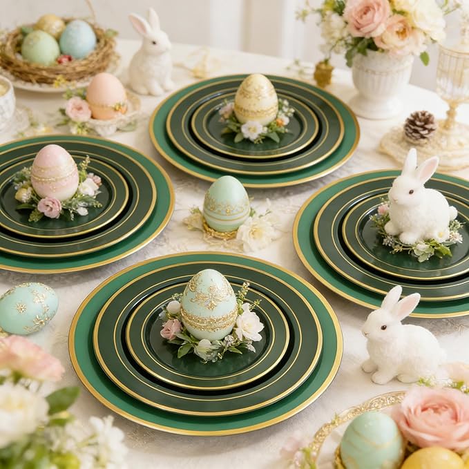 WDF 25PCS Green Plastic Charger Plates - 12inch Green and Gold Chargers for Dinner - Disposable Charge Plates - Perfect for Party Elegant Tabletop Decor St. Patrick's Day Easter