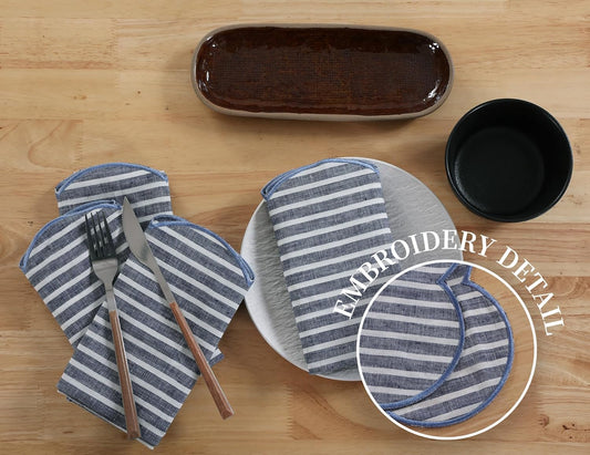 100% French Flax Linen Cloth Napkins Scalloped Embroidery 20’’x20’’ for Dinners, Parties, Weddings, Decorative Halloween, Spring, Easter, Set of 4 Pcs, Blue Pinstripe(Edges-Blue)