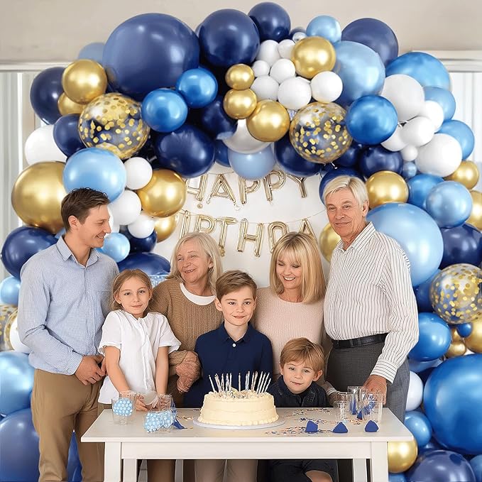 Navy Blue and Gold Balloons Arch Kit, Blue and White Balloon Arch Kit with Metallic Dark Light Blue Gold Conftti Balloons Garland for Graduation Birthday Party DIY Decoration