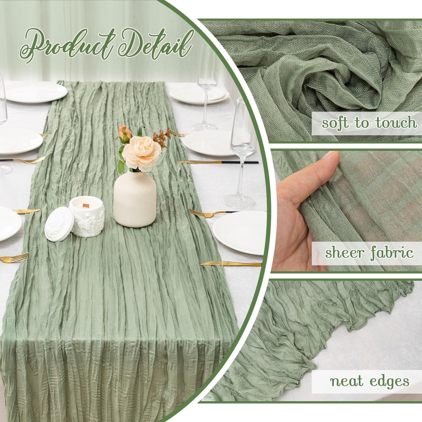 6 Pack Sage Green Table Runner, 35x120 Inch Cheesecloth Table Runner, Boho Gauze Table Runners, Rustic Sheer Cheese Cloth Table Runners for Wedding, Baby Shower, Birthday Party, Home Decor