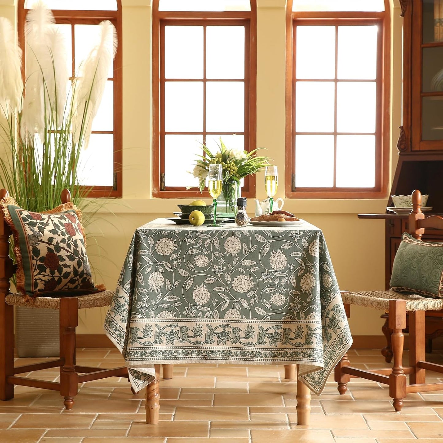 ISAENNE Designer Grayish Green Linen Extra Long Tablecloth Rectangle,Floral Stain Resistant Table Cloth,Fall Vintage Decor Tablecloths for Dining Thanksgiving Kitchen,67"*118"-Andrew A