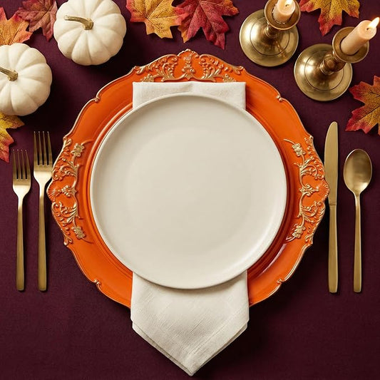 Orange Charger Plates, 13 Inch Embossed Chargers for Dinner Plates. Plastic Charger for Wedding, Party. (Set of 6)