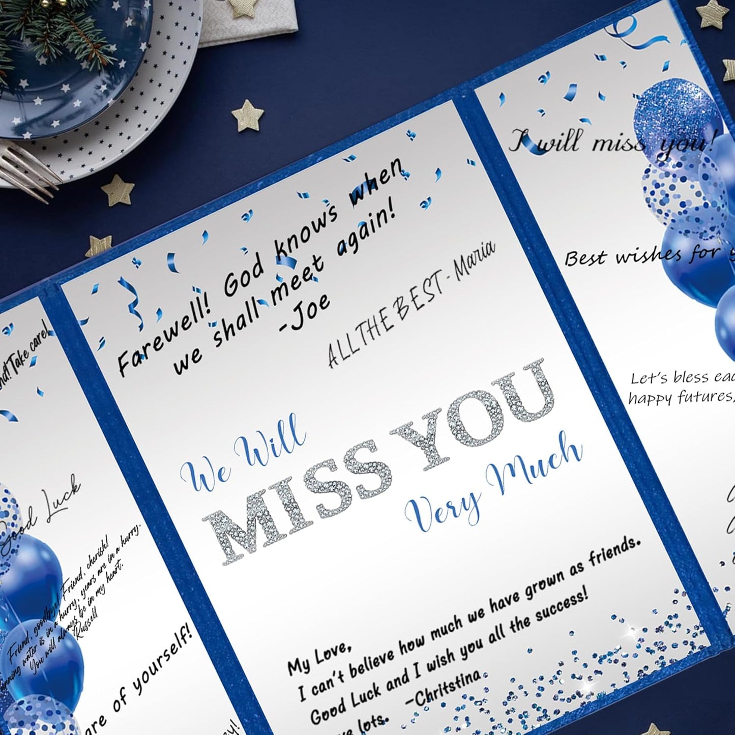 DARUNAXY Blue Silver Farewell Party Decorations, We Will Miss You Very Much Alternative Signature Guest Book for Men Women Going Away Gifts Signing Card Board for Retirement Graduation Party Supplies