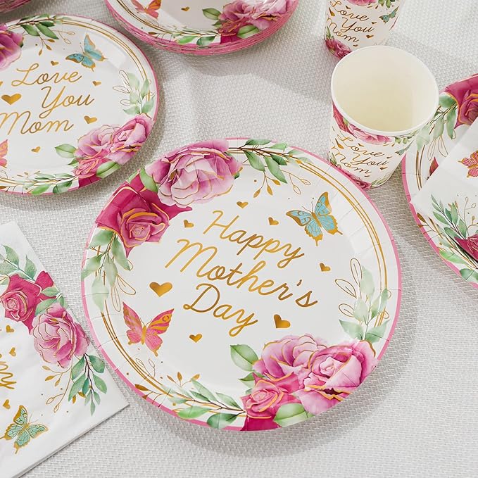 Mothers Day Decorations Happy Mother's Day Party Supplies Set for 24-Disposable Paper Plates, Napkins, Cups, Mother's Day Celebration Party Decor for Outside, Picnic