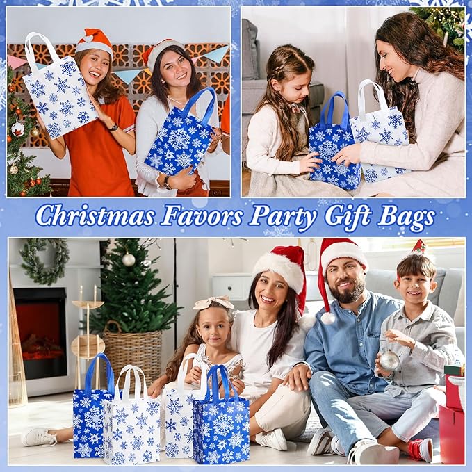 Wovnet 30 Pcs Christmas Bags Bulk Dark Blue Snowflake Winter Merchandise Gift Bags with Handles Reusable Non Woven Tote Shopping Goodie Pouch for Xmas Party Favors 10 x 8 x 4in