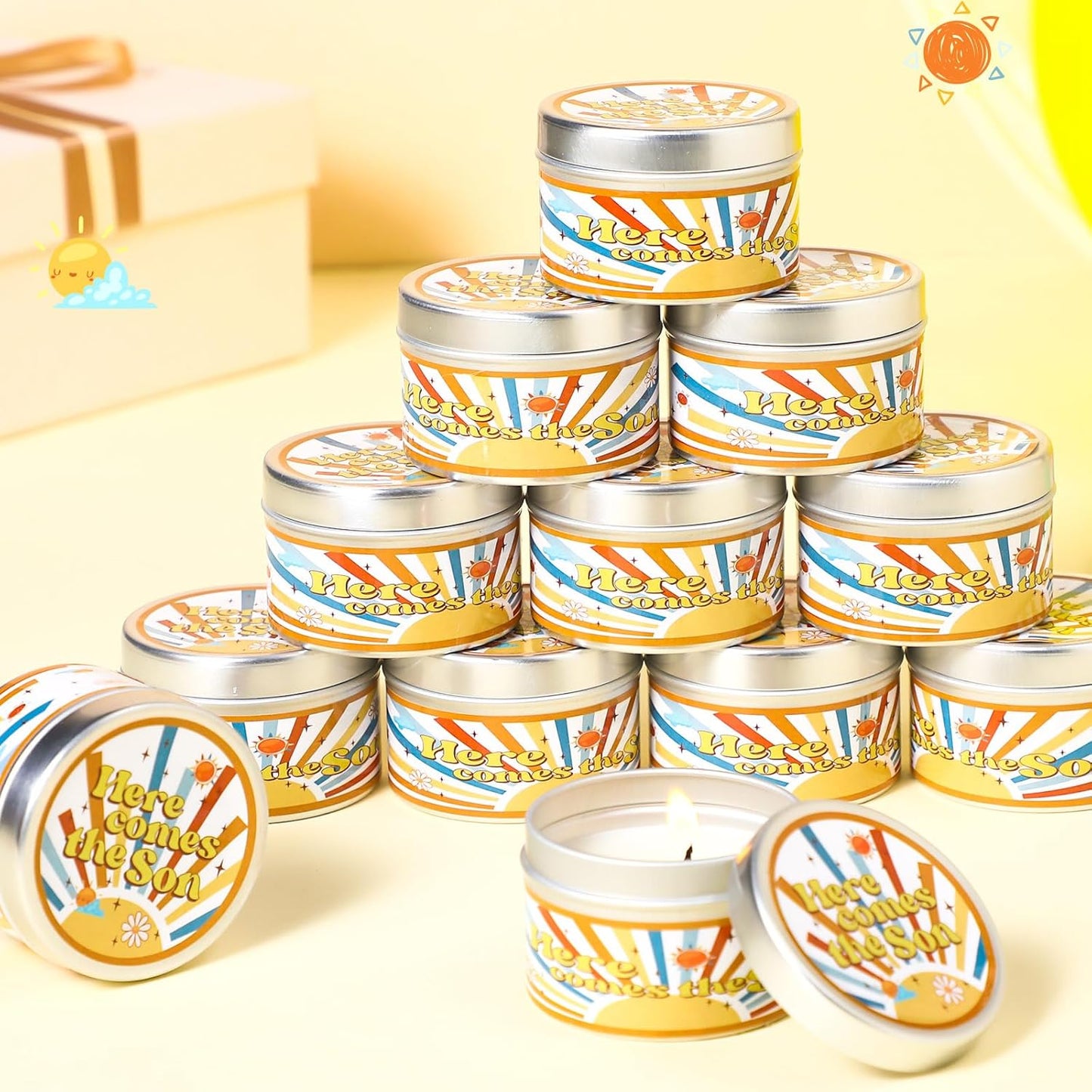 MTLEE 24 Pcs Here Comes The Son Baby Shower Party Favors Candles Lavender Scented Baby Shower Favors for Guests Rustic Tealights Candles Gender Reveal Return Gifts Girl Boy(1.2 Oz, Yellow)