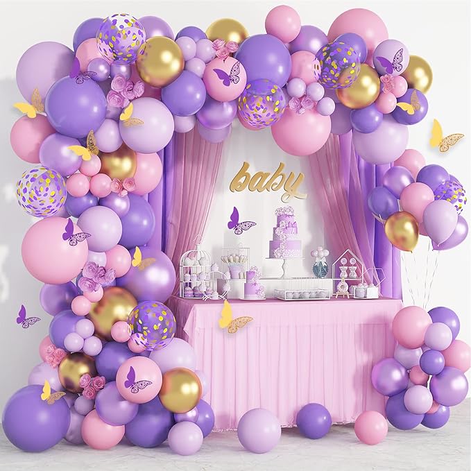 Purple Pink Butterfly Balloon Garland Arch Kit, Butterfly Baby Shower Decorations for Girl Women, Pink and Purple Gold Confetti Balloons for Birthday Bridal Shower Mothers Day Party Decorations