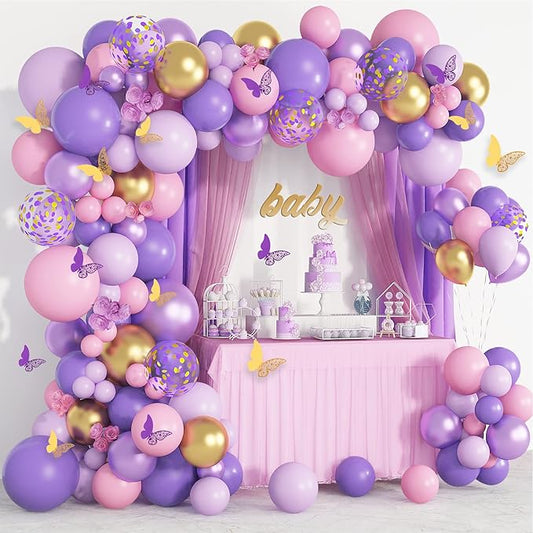 Purple Pink Butterfly Balloon Garland Arch Kit, Butterfly Baby Shower Decorations for Girl Women, Pink and Purple Gold Confetti Balloons for Birthday Bridal Shower Mothers Day Party Decorations