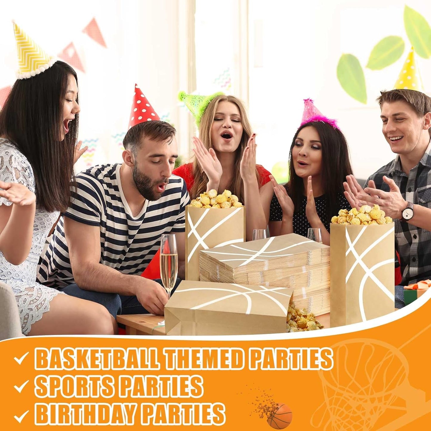 100 Pcs Basketball Popcorn Bags Large Brown Kraft Papers Disposable Basketball Theme Candy Treat Bags for Sports Party Birthday Supplies