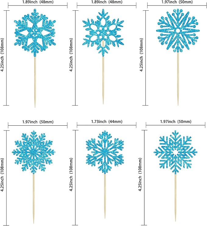 36Pcs Snowflake Cupcake Toppers Blue Glitter Snowflake Cake Toppers Frozen Cake Decorations for Baby Shower Winter Wonderland Christmas Party Cake Decoration Supplies