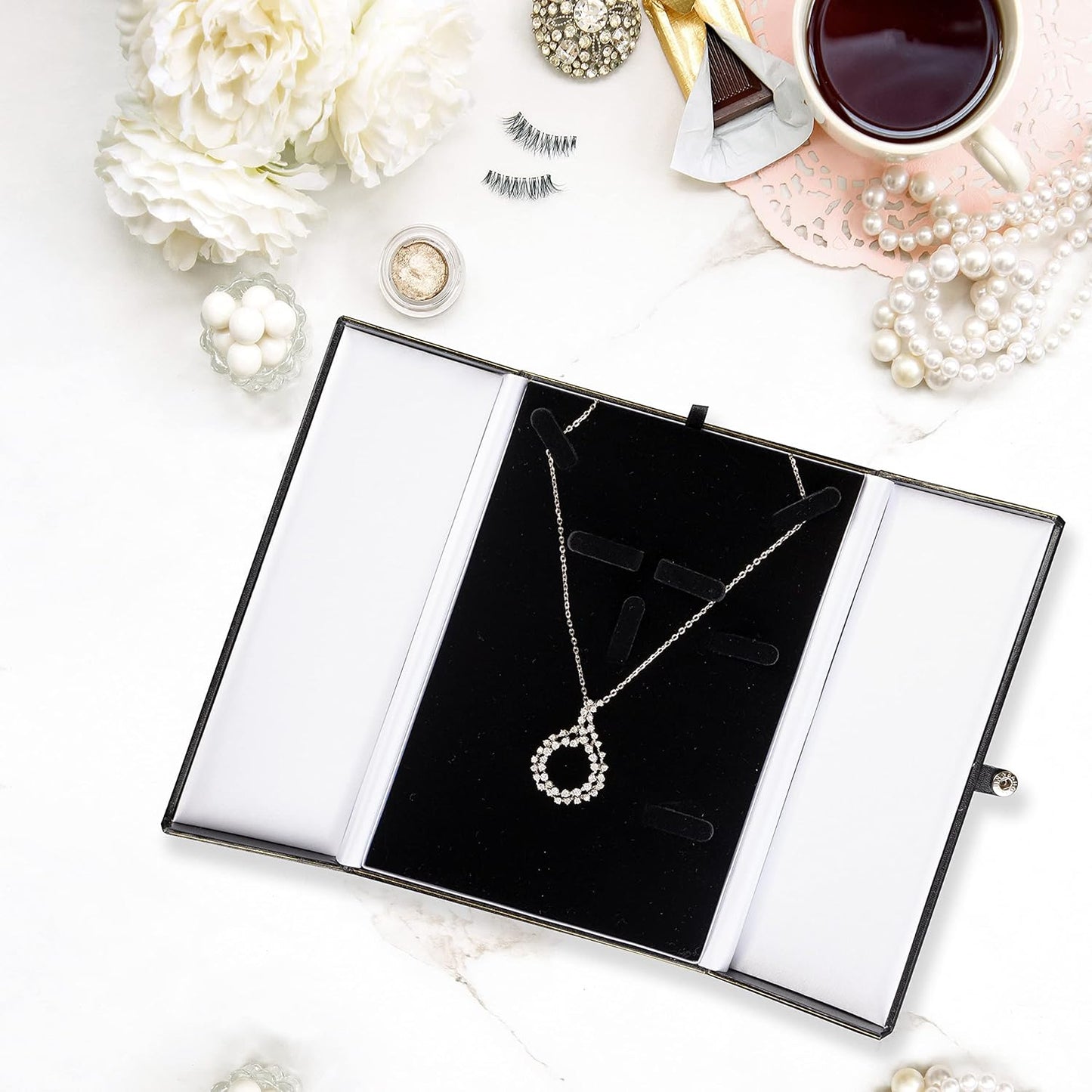 Novel Box Two-Door Black Jewelry Box for Ring Earring Bracelet & Necklace Combination 5.75x8.25x1.25 Inches - Faux Leatherette Boxes Gift Presentation with Gold Trim for Wedding & Special Occasions